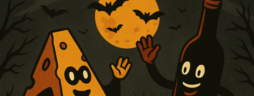 an image with the text 'wine meats cheese' and a Halloween themed cartoon image of some wine and cheese characters enjoying some salami
