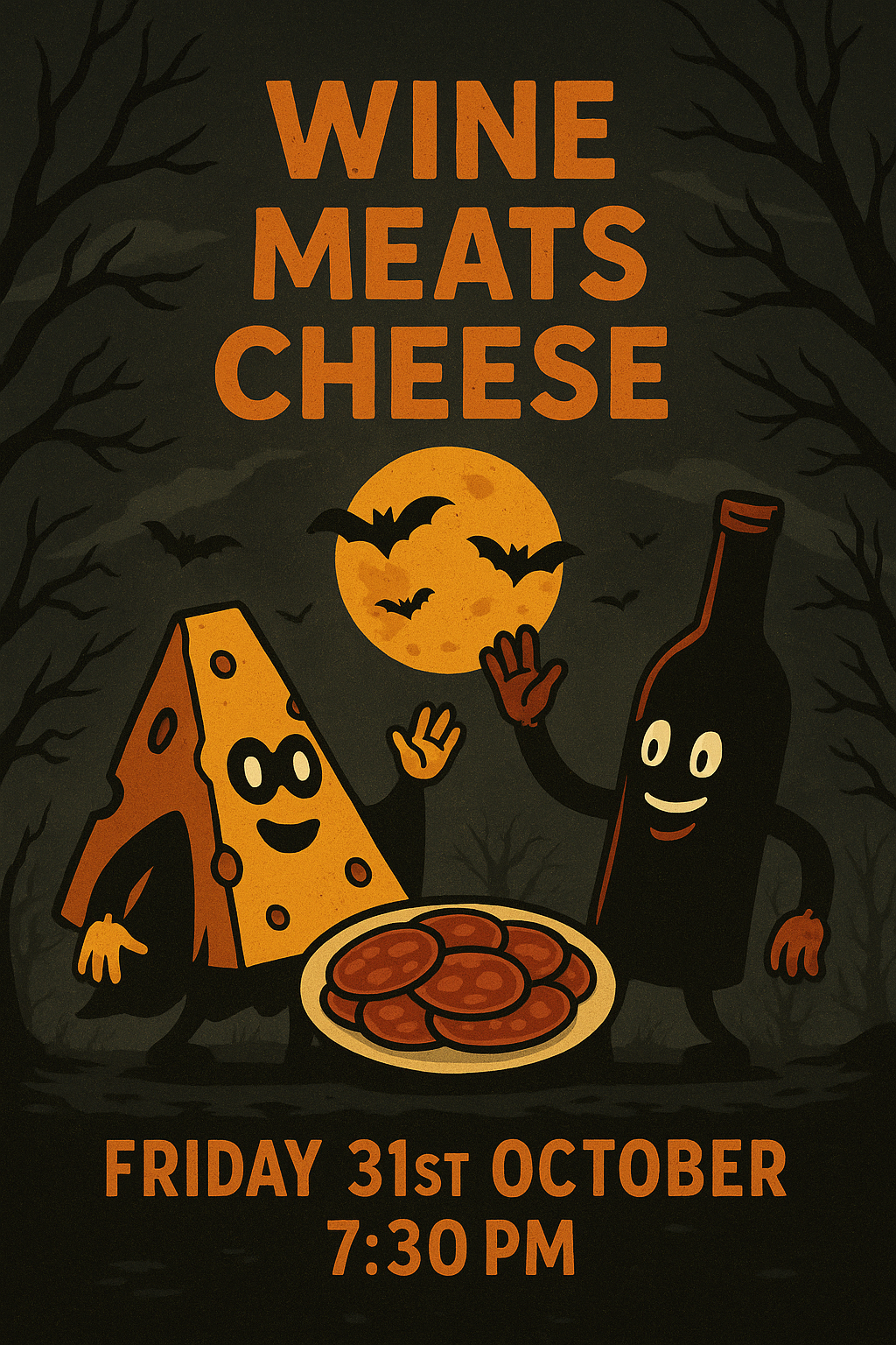 an image with the text 'wine meats cheese' and a Halloween themed cartoon image of some wine and cheese characters enjoying some salami